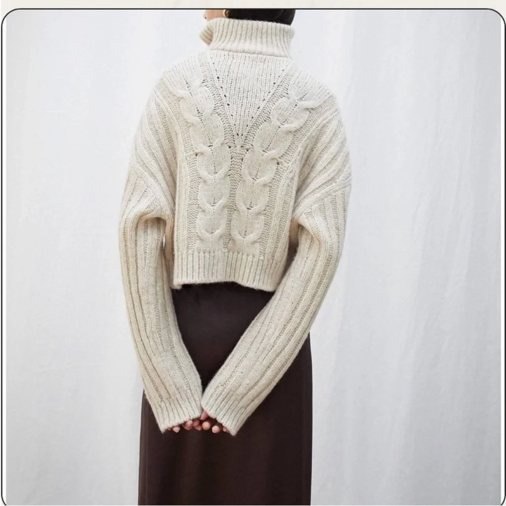 Nanushka Sweater Eria Cropped Cable Knit Quarter Zip in Crème Beige